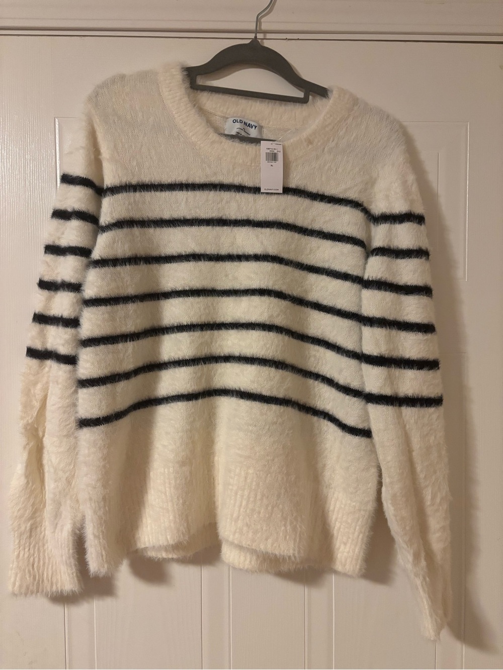 Old Navy Cream Sweater with Black Stripes - Fuzzy Crewneck